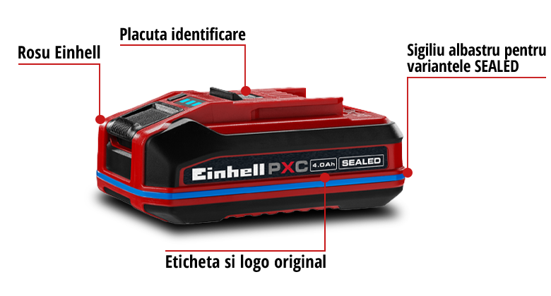 Baterie Einhell Power X-Change SEALED cu inel albastru, etichetă de tip și branding original într-un grafic de ansamblu.