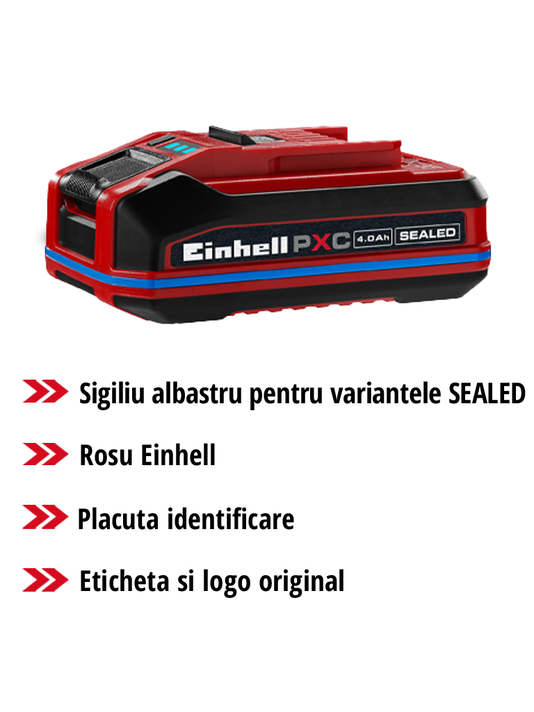 Baterie Einhell Power X-Change SEALED cu inel albastru, etichetă de tip și branding original într-un grafic de ansamblu.