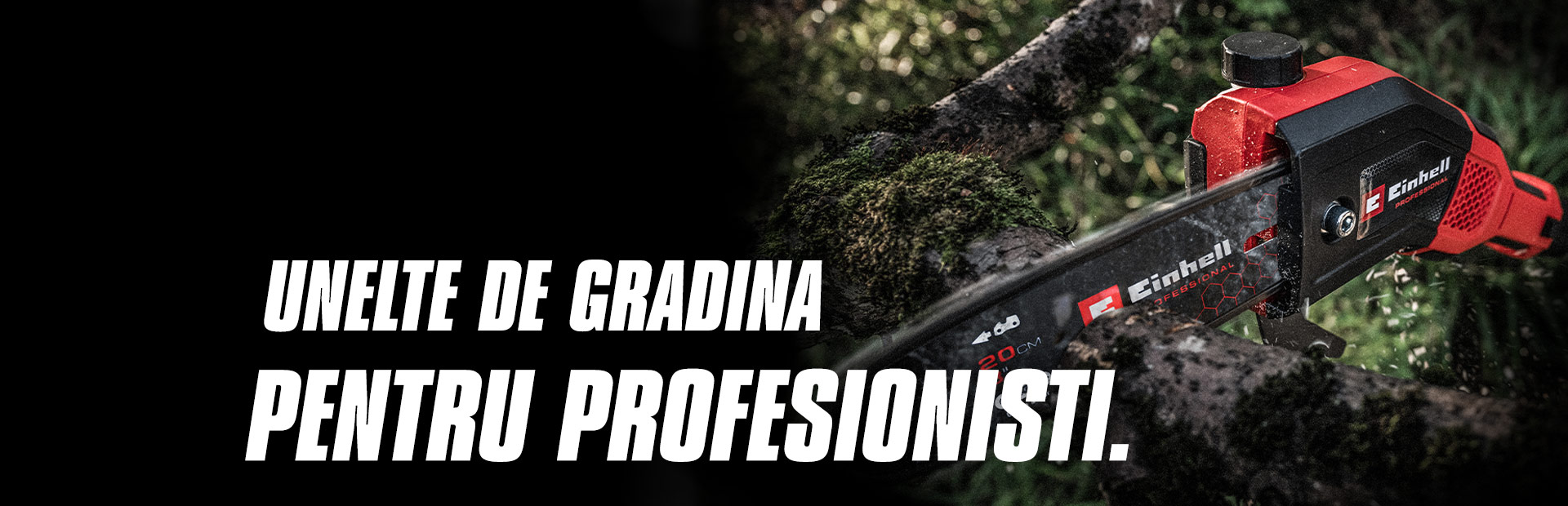 A red cordless chainsaw cuts through a branch, with the text "Garden Tools for Pros".