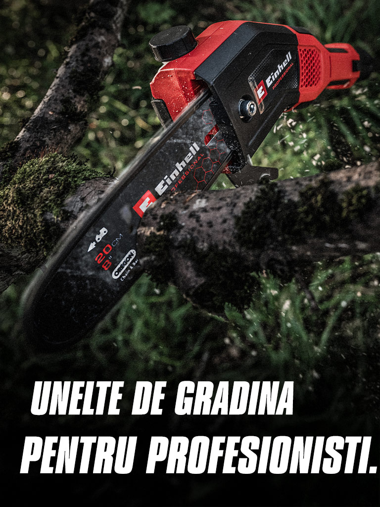 A red cordless chainsaw cuts through a branch, with the text "Garden Tools for Pros".