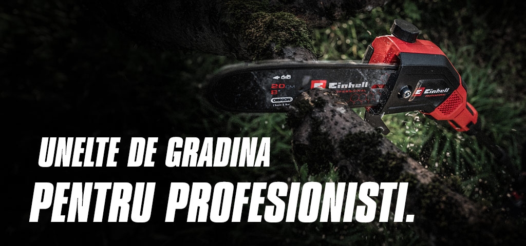 A red cordless chainsaw cuts through a branch, with the text "Garden Tools for Pros".