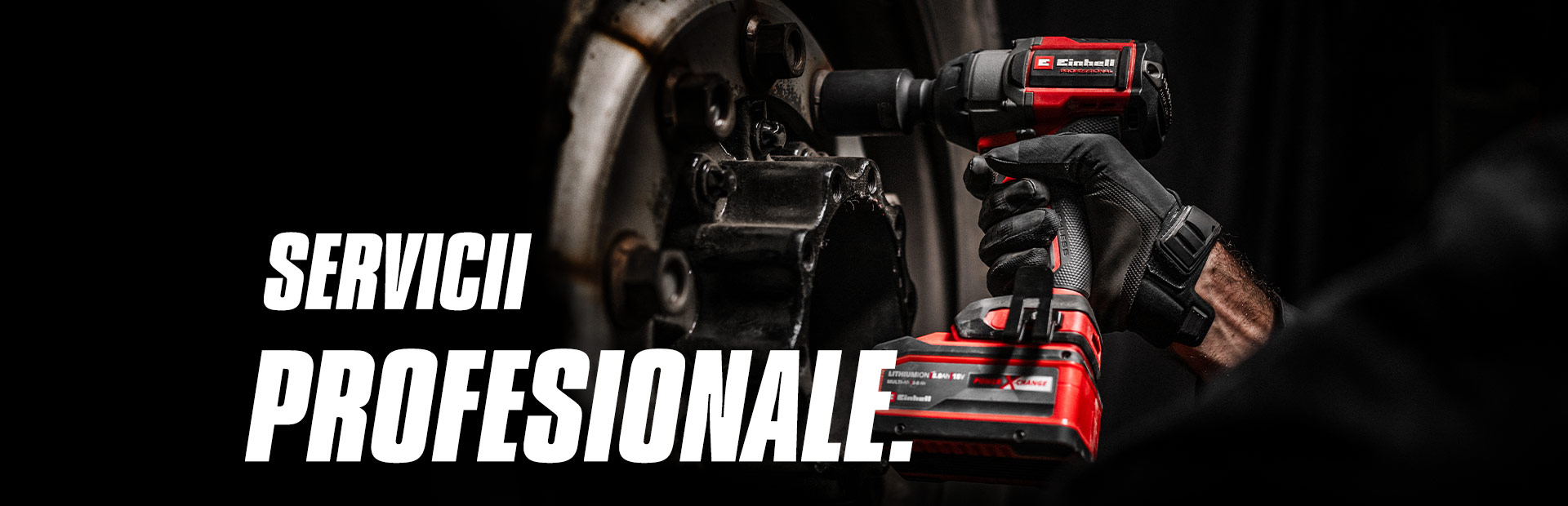 Close-up of a red cordless impact wrench being used on a wheel, with the text "Professional Services".