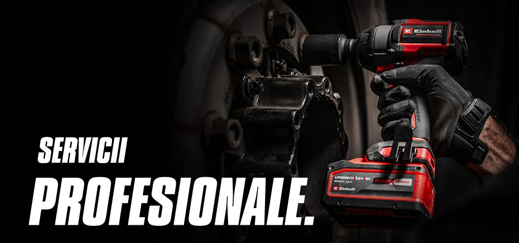 Close-up of a red cordless impact wrench being used on a wheel, with the text "Professional Services".