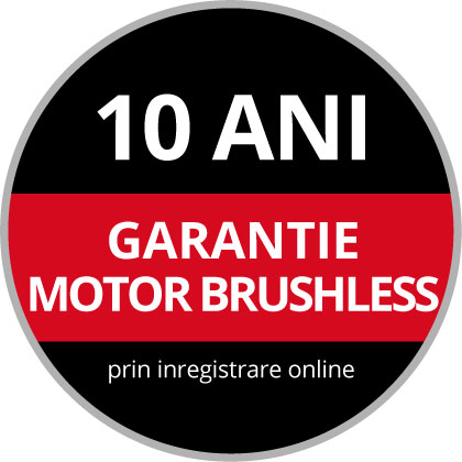 Round Warranty Logo with the text "10-Year Brushless Warranty, upon Online Registration" on a black and red background.