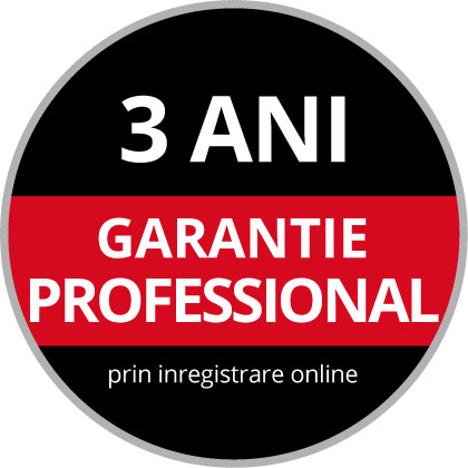 Round Warranty Logo with the text "3-Year Professional Warranty, upon Online Registration" on a black and red background.