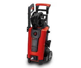 The Einhell pressure washer stands upright on a white background, with hose reel and wheels.