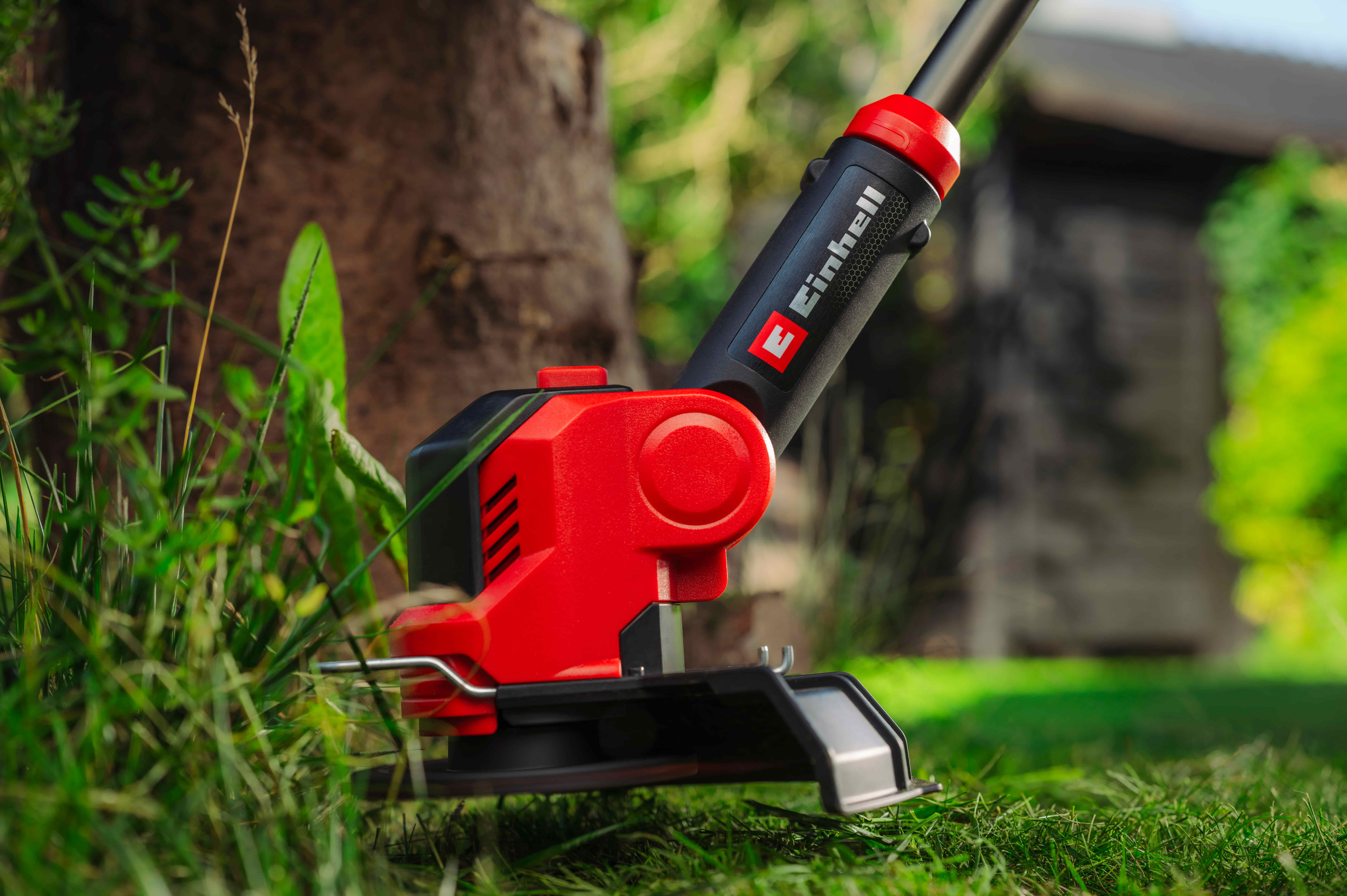 Trimmer Einhell taie iarba în jurul unui copac în grădină.