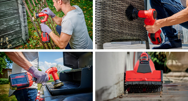Four different cleaning applications with the Einhell cordless surface brush, including cleaning a metal fence, garden furniture, a grill grate, and a patio.