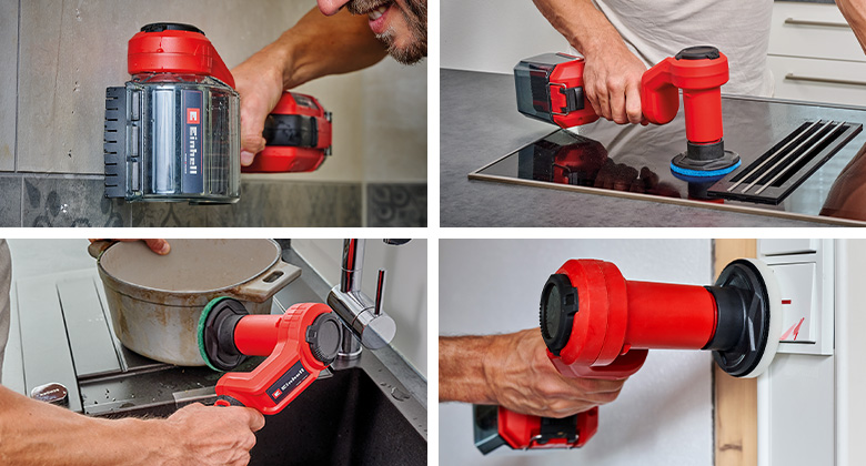 Four household cleaning applications with the Einhell cordless surface brush, including cleaning tiles, a stovetop, a sink, and a light switch.