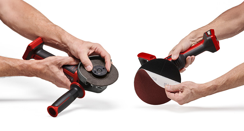 Two hands attach a sanding disc and sandpaper to an Einhell angle grinder and a cordless sander.
