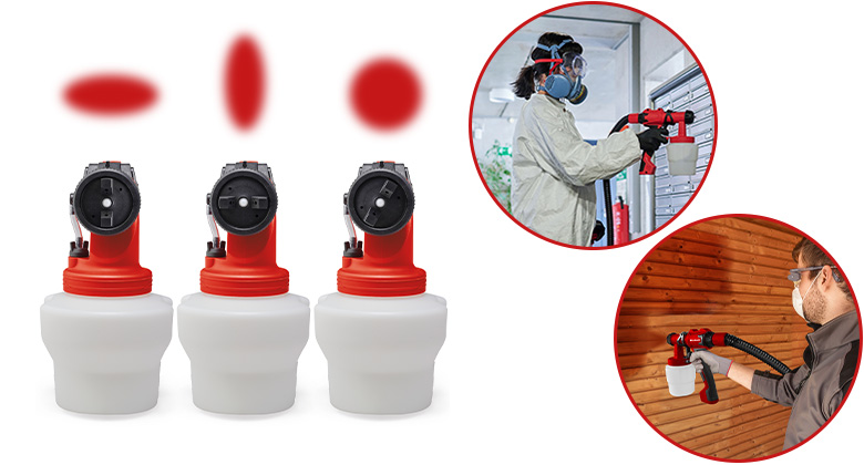 Three different spray attachments with red and white containers, complemented by small round images showing application scenes.