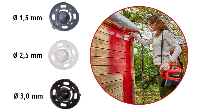 Different spray nozzles with diameters and an application scene where a woman sprays a wooden structure.