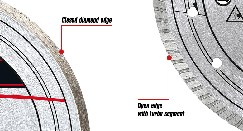 Close-up of a diamond cutting disc with a closed edge and one with an open edge with turbo segment.