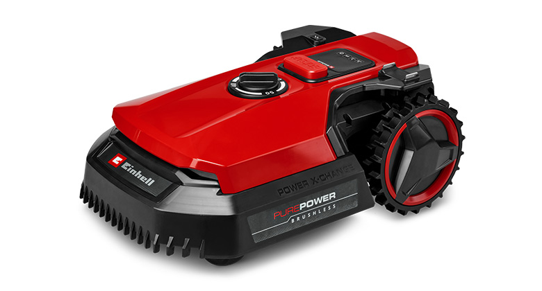 The Einhell robotic lawnmower FREELEXO 500 in red with black accents, large wheels, and a sleek, modern design.